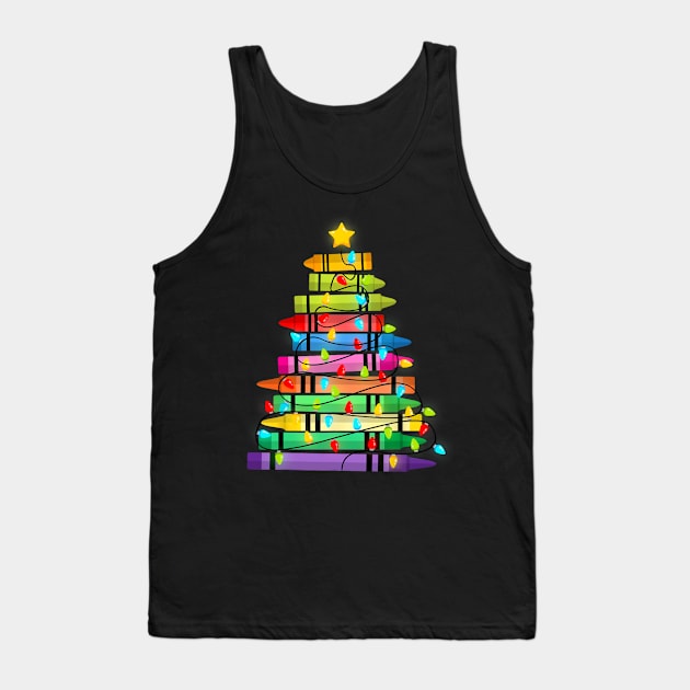 Teacher Crayon Christmas Tree Lights Student School Xmas Tank Top by rivkazachariah